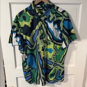 Perry Ellis Blue and Green Abstract Shirt - XL